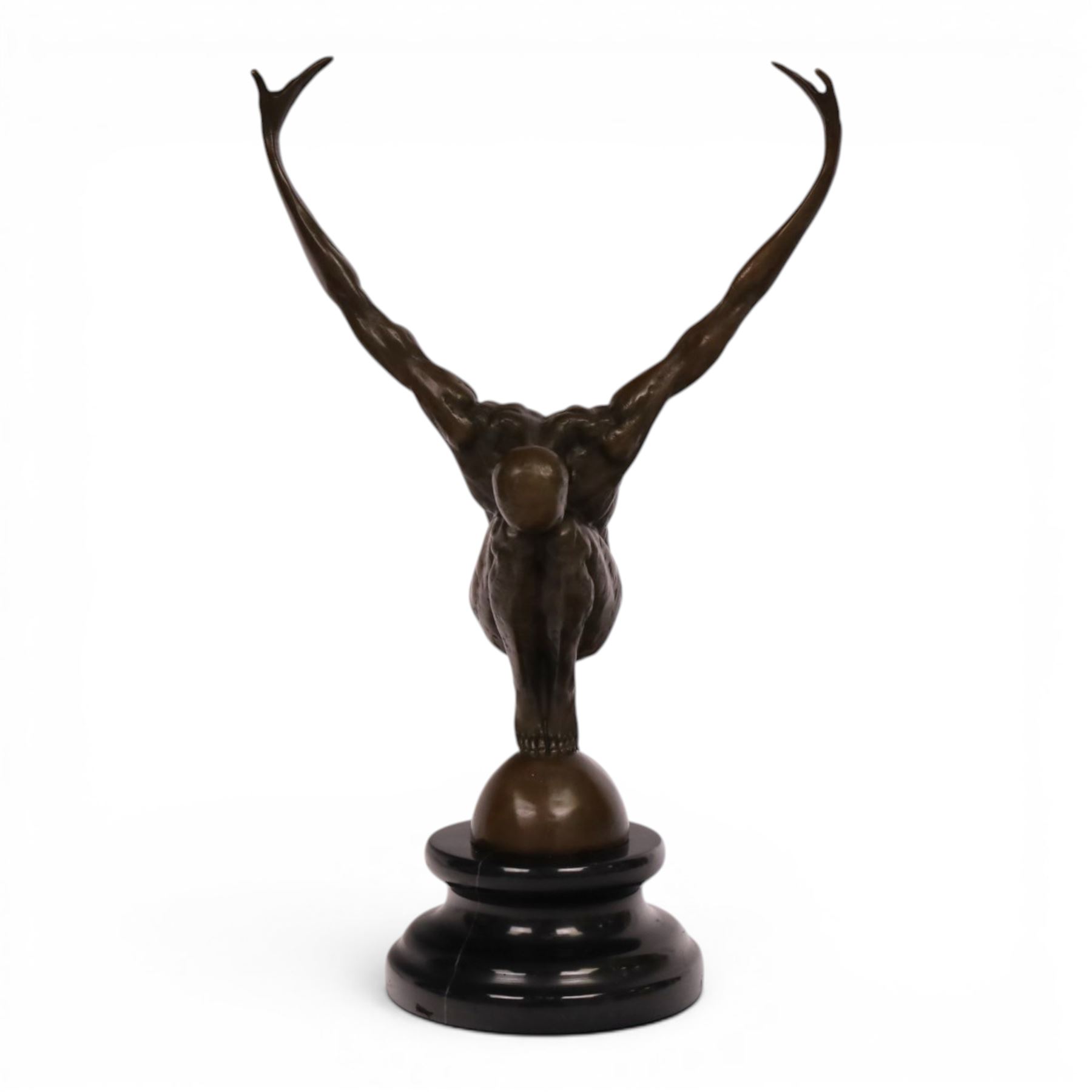 After Milo - bronze figure of a man in perfect balance, bearing signature and foundry mark, overall H29cm