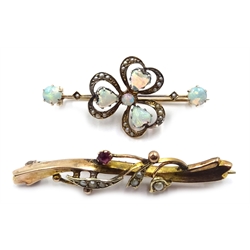  Edwardian opal and seed pearl bar clover leaf brooch, stamped 9 and a 9ct gold seed pearl and pink tourmaline bar brooch, Birmingham 1907  