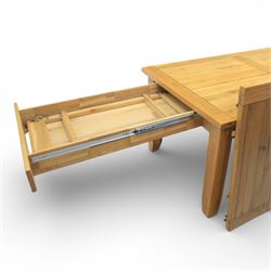 Modern light oak rectangular dining table, and eight high back chairs, stowable leaves extending to 270cm