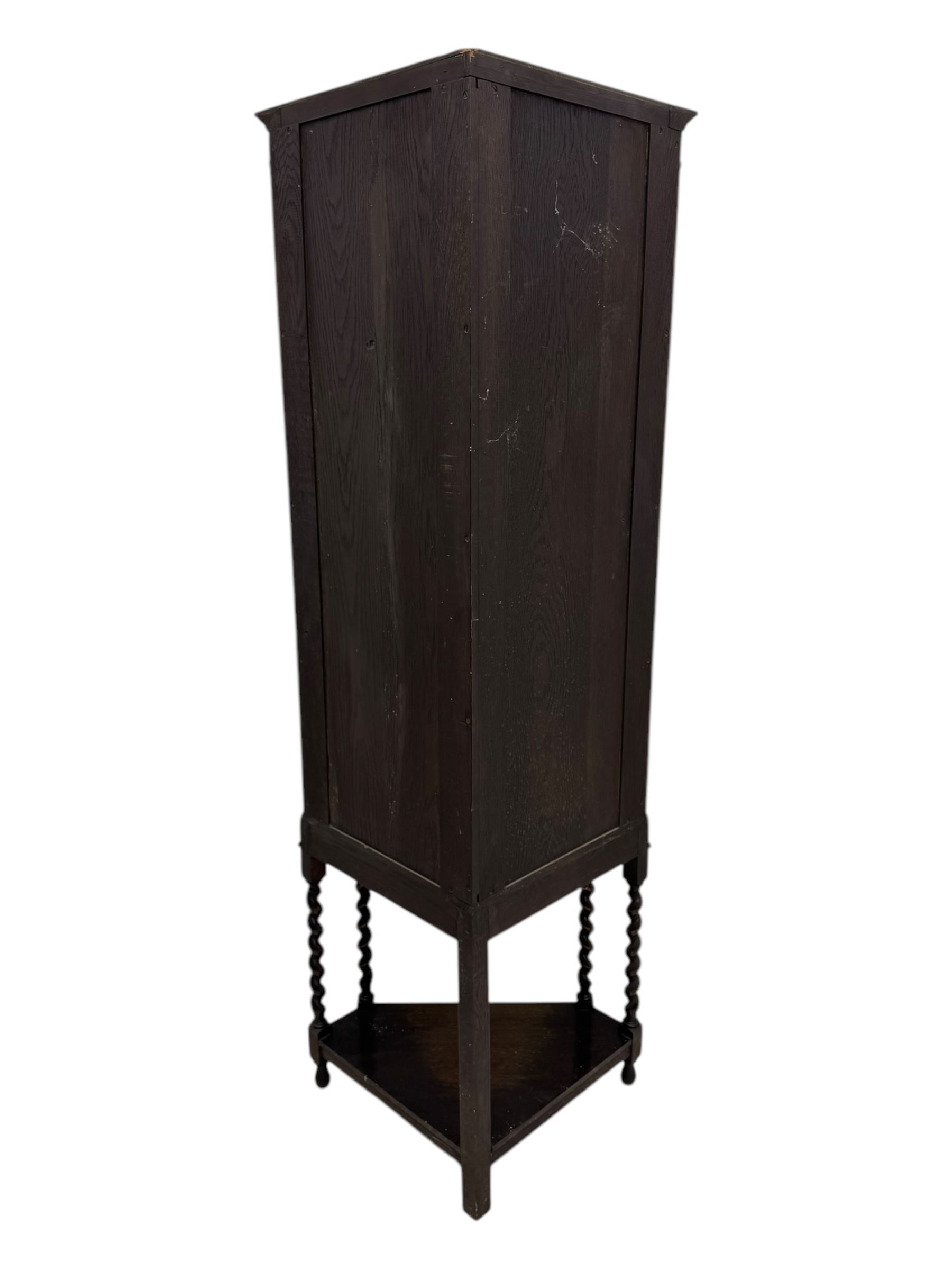 Early 20th century oak corner display cabinet, the moulded canted cornice over a single glazed door with geometric astragal bars, shelved interior, the lower tier forming a triangular platform, raised on four barley-twist supports united by shaped brackets