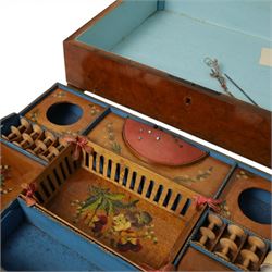 19th century satinwood sewing box, of rectangular form, the hinged cover with foliate decoration opening to reveal a removable compartmented tray with pin cushion, bobbins and removable central basket, painted with violas, upon compressed bun feet, H13cm L39cm D29cm
