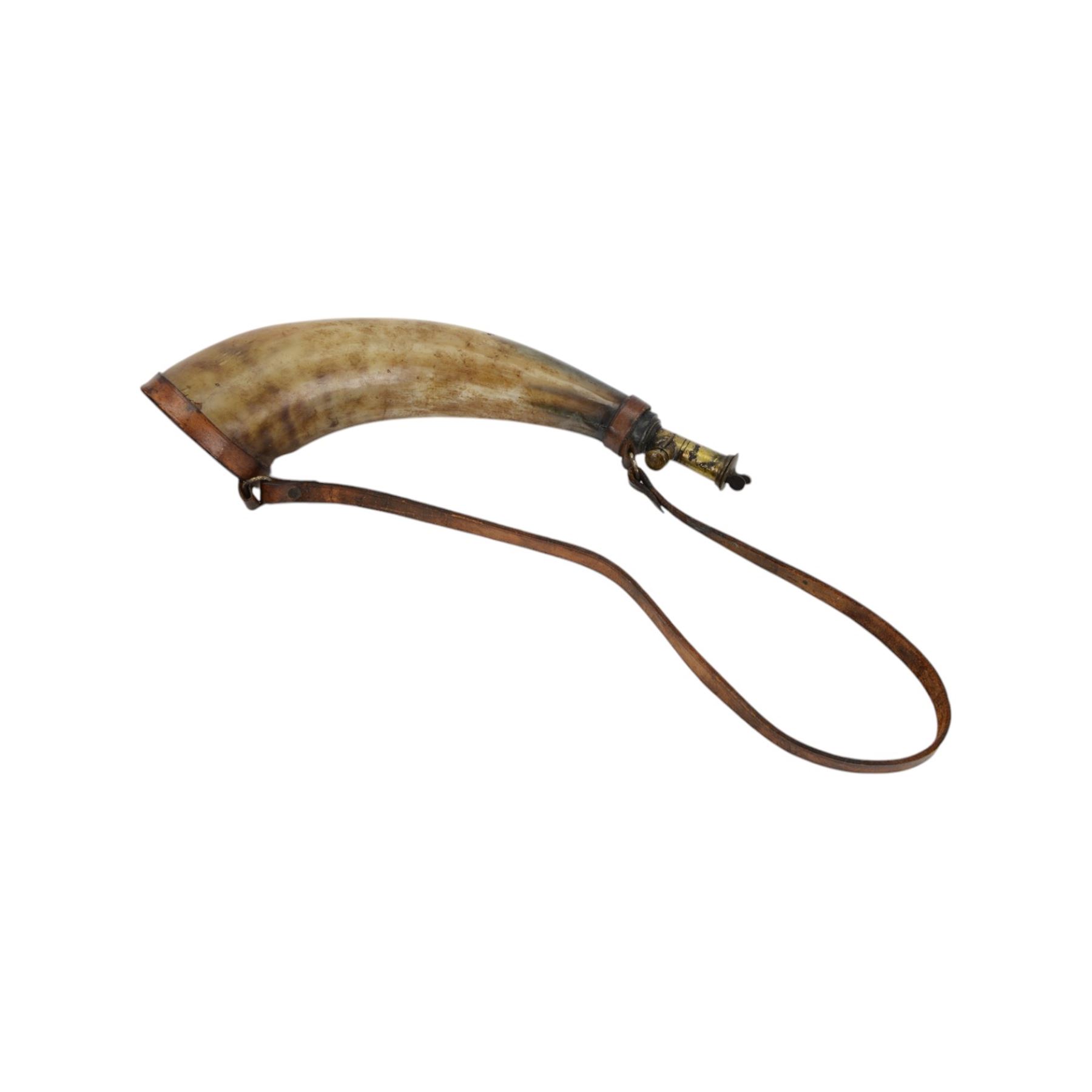 Horn powder flask, together with copper flask and a box of gun parts  