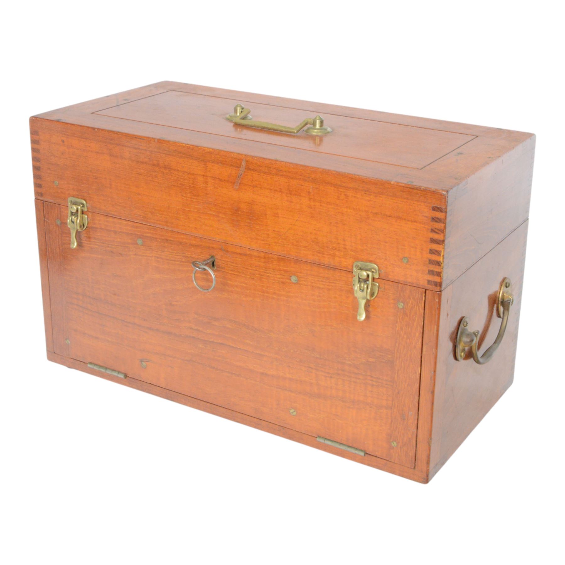 Two writing slopes, including brass bound mahogany example, together with a wooden box with brass handles to sides and cover, tallest H28cm