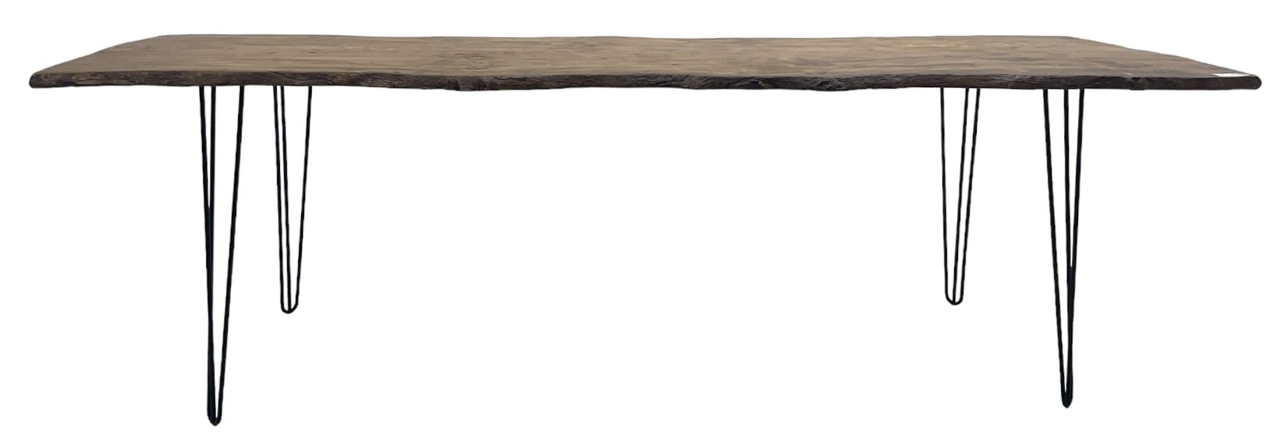Rustic elm slab dining table, raw edge rectangular plank top, on black finish out-splayed supports 
