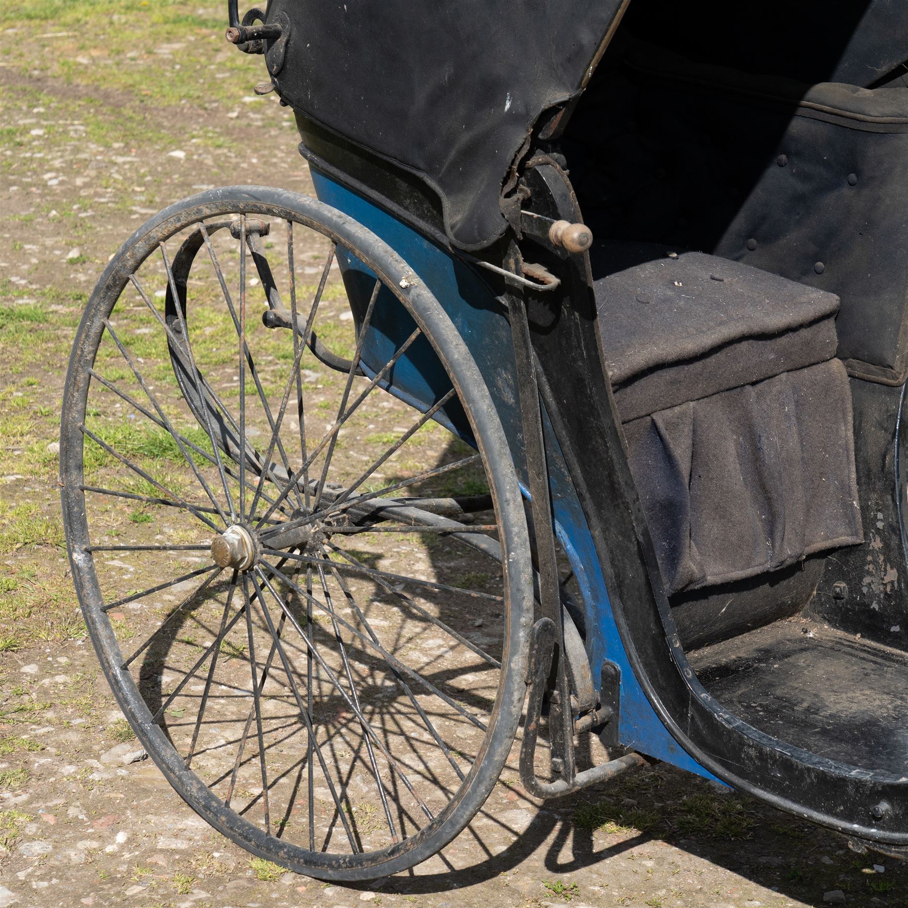 Victorian Bath Chair / Invalid Carriage Converted for Horse Drawn Use

A Victorian bath chair or invalid carriage, later converted for horse drawn use, with black painted bodywork, blue side panels, folding black leather hood and upholstered single passenger seat. The carriage is fitted with large rear wire spoked wheels, smaller front steering wheels, long shafts, footwell and curved body sides, consistent with a late nineteenth century invalid carriage or bath chair form adapted for pony or light horse use.

Features

Bath chair or invalid carriage form
Later converted for horse drawn use
Folding black leather hood
Single upholstered passenger seat
Deep footwell
Black painted body with blue side panels
Large rear wire spoked wheels
Smaller front steering wheels
Long shafts
Lightweight carriage frame

Dimensions:
Overall length: 380 cm
Body length: 204 cm
Width: 88 cm
Height: 178 cm

Wheel Diameters:
Front wheels: 47 cm
Rear wheels: 88 cm

Seating:
Driver: 1
Passenger: None