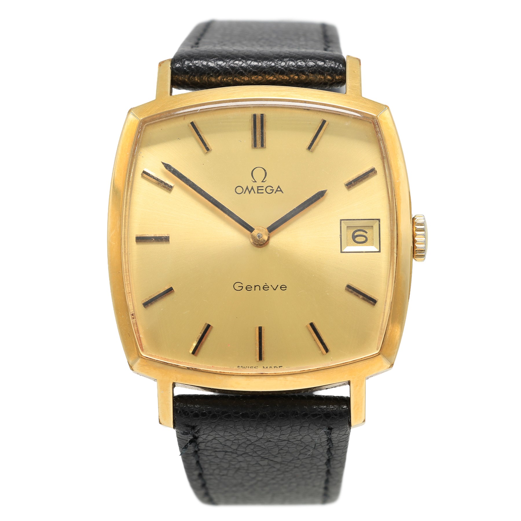 Omega gentleman's gold-plated and stainless steel manual wind wristwatch, Ref. 132.0052, Cal 1030, champagne dial with baton hour markers and date aperture, on black leather strap, boxed