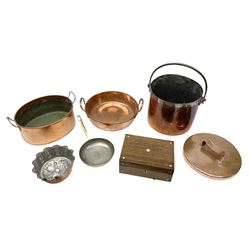 Victorian copper stock pot, of cylindrical form with lid and swing handle, not including handles H24cm, together with two twin handled copper pans of oval form, small copper frying pan, and copper finished jelly mould, plus a 19th century box with mother of pearl inlay to hinged cover
