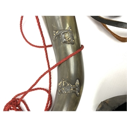 Copper single valve hunting horn of curved and tapering oval form L17cm; nickel and cow-horn hunting horn with stag and archer mounts; another small car type brass horn; two pairs of binoculars, one in calf leather case; and military portable brass and iron suspension scales marked Hill Resilient Henston with two broad arrows and BC3960 1955 (6)