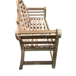 Lutyens design teak garden bench, shaped back over strap seat and scrolled arms