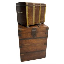 Hardwood metal bound hinged trunk (45cm x 45cm, H60), and an oak dome top box