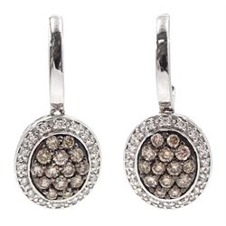 Pair of white gold round brilliant cut white and chocolate coloured diamond cluster pendant stud earrings by La Vian, hallmarked 14ct, total diamond weight 0.61 carat