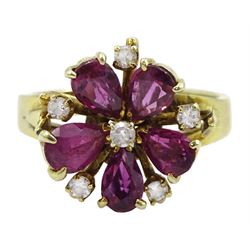 14ct gold pear shaped pink/purple stone and round brilliant cut diamond flower head cluster ring, stamped 585 14K