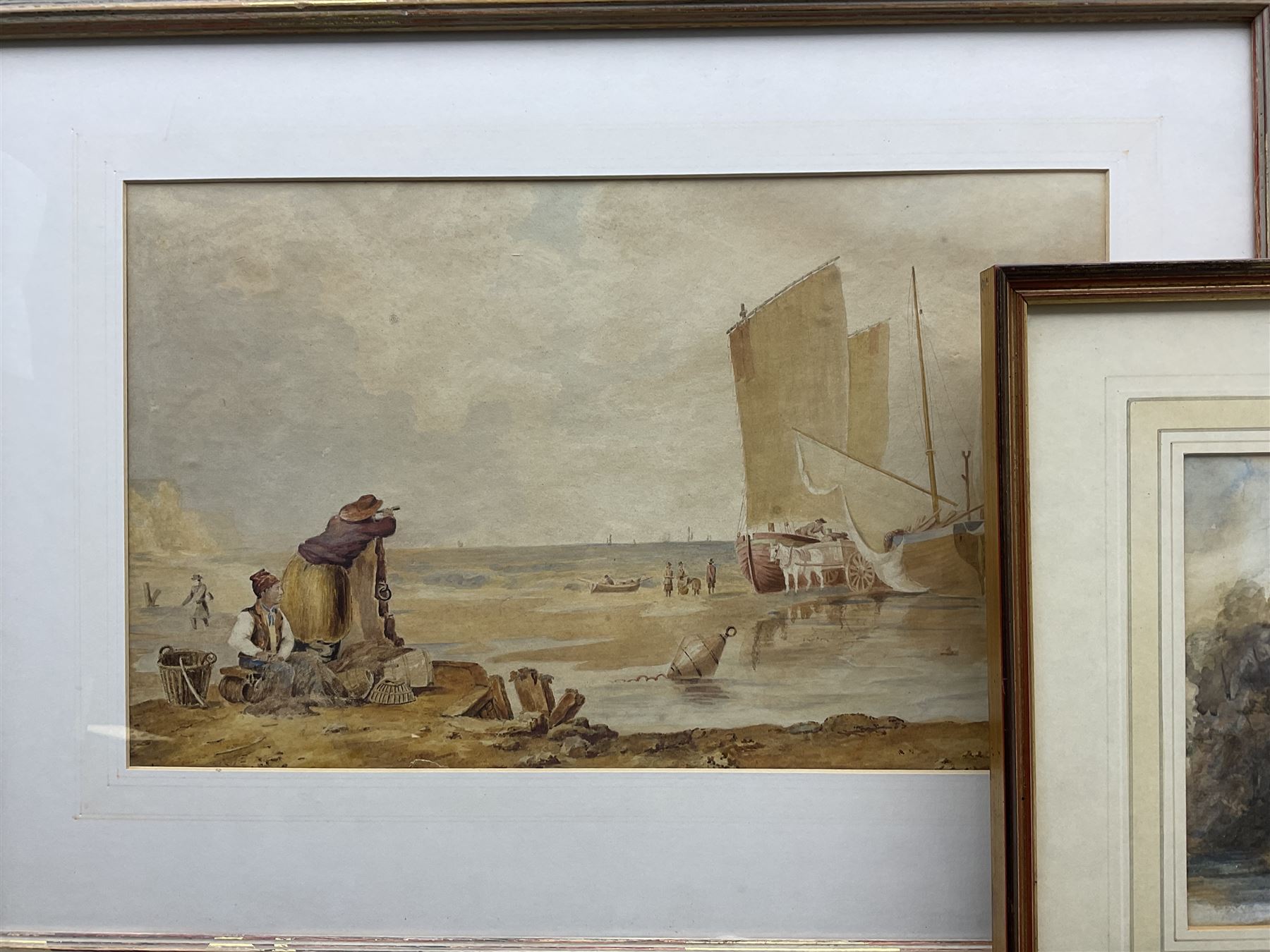 Two original watercolours, one indistinctly signed Frank *, framed print of sheep and three engravings (6)