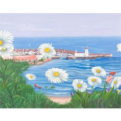 Peter J Bailey (British 1951-): 'Land Meets Sea' - Scarborough Harbour viewed through Daisies, oil on canvas signed with initials, titled verso 81cm x 102cm (unframed)