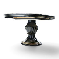 Italian Neoclassical inspired ebonised gloss dining table with four matching chairs,  circular top with additional leaf (Extends to  145cm) with Greek key banding, on a shaped pedestal base with gilt highlights and stepped plinth, the chairs en suite with padded back and seat with Greek key, reeded front supports