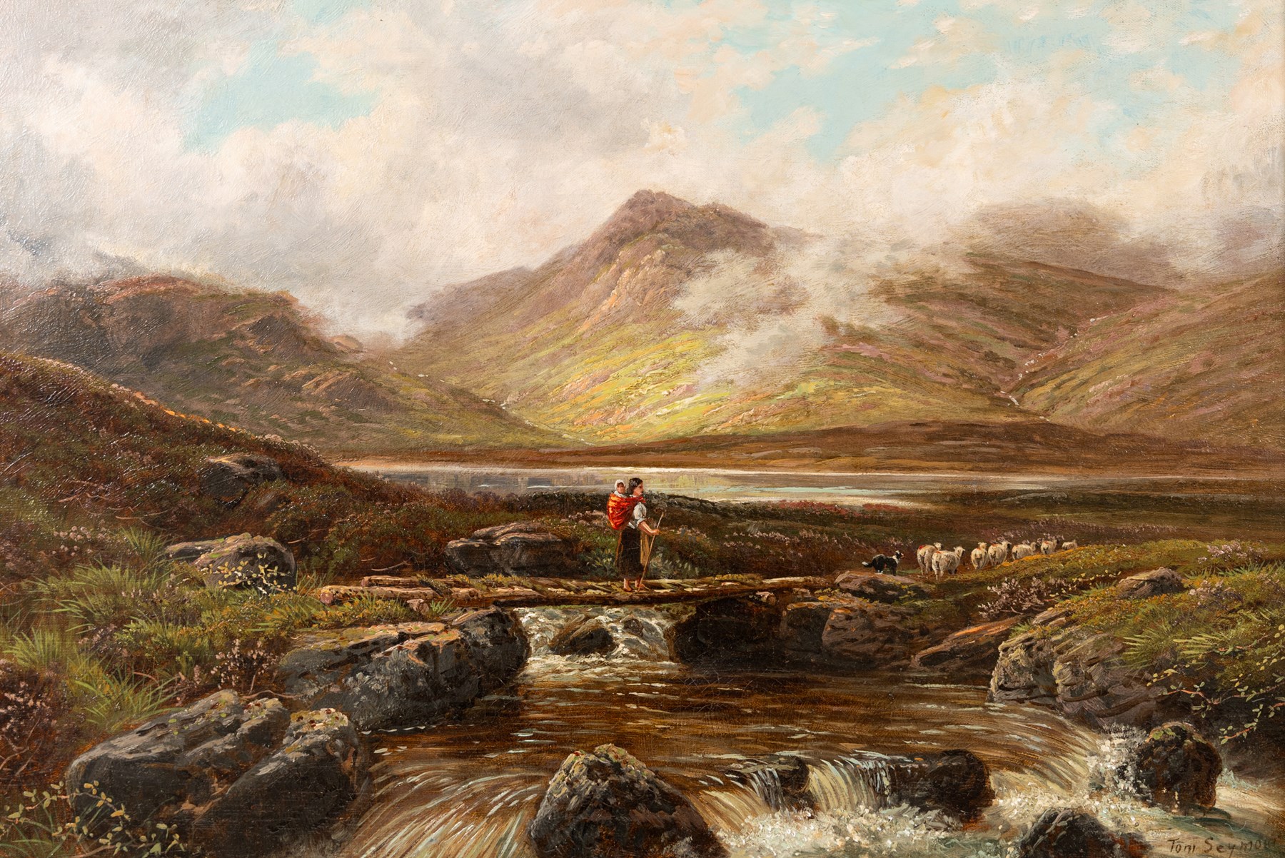 Tom Seymour (British 1840-1904): Shepherdess Carrying Infant on Her Back - Glenmuick, oil on canvas signed 40cm x 59cm
