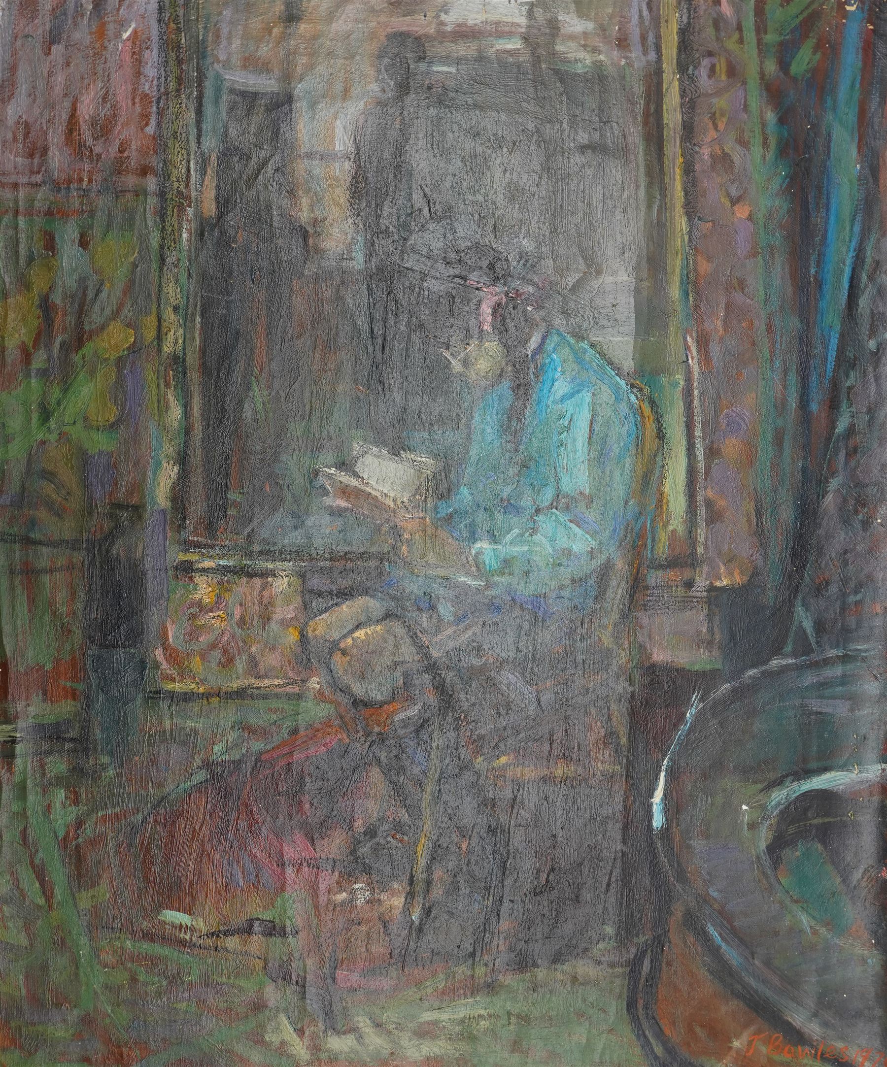 John Gilbey Bowles (British 1929-2011): 'A Girl Reading' - Interior Scene, oil on unstretched canvas signed and dated 1979,  inscribed verso 76cm x 63cm (unframed)