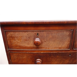 19th century mahogany bow front chest, two short and three long graduating drawers, turned supports, W108cm, H116cm, D56cm  