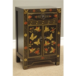  Chinese black lacquered Chinoiserie style bedside/lamp cabinet, W40cm, H61cm, D28cm  