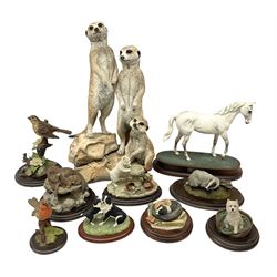 Royal Doulton Desert Orchid white horse on wood base, two Border Fine Arts figure groups comprising The James Herriot Studio Collection Puppy Love A1861 and Tyred Out RR01, together with seven Country Artists figures to include 'Vigilance' meerkats figure group, no. 02994, Song Thrush CA 573, Otter Family etc