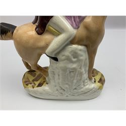 19th century Staffordshire figure of Robert Peel, titled 'Sir Robert Peel', modelled on horseback, atop an oval plinth base featuring a naturalistic and floral design, H30cm 