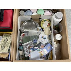 Stamps and coins, including Great British pre-decimal coins, world coins, three Australia stamp yearbooks, first day covers, loose stamps, empty folders, etc, in two boxes