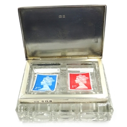  Edwardian cut glass stamp box/paperweight, double compartment with silver lid by Levi & Salaman Birmingham 1902  