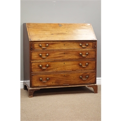  George III mahogany bureau, fall front with fitted interior, four long graduating drawers, on bracket feet, W103cm, H103cm, D53cm  