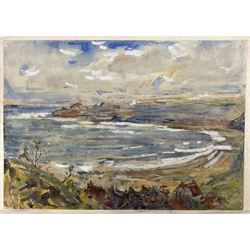 Rowland Henry Hill (Staithes Group 1873-1952): Looking Over Runswick Bay, watercolour and gouache unsigned 26cm x 37cm