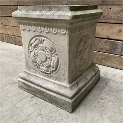 Cast stone garden pedestal with relief 'Yorkshire Rose' motif