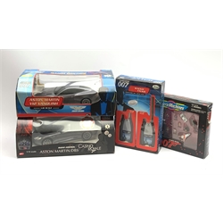 Two Nikko 1:16th scale James Bond radio controlled die-cast model cars - Aston Martin from Casino Royale and Aston Martin V12 Vanquish from Die Another Day; IMC 007 Walkie-Talkie Set; and Galoob MicroMachines 007 set with vehicles from Goldfinger, Moonraker, The Spy Who Loved Me, all boxed (4)