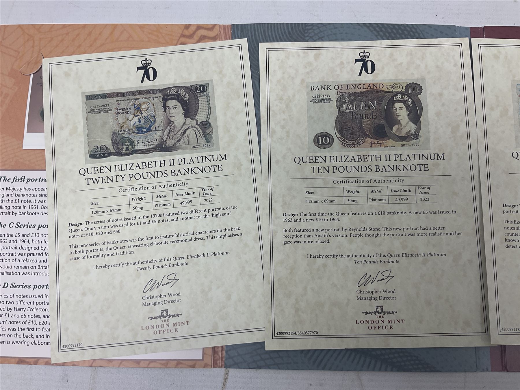 Queen Elizabeth II 'The Platinum Jubilee Banknote Collection' including 2022 'The Unissued Fifty Pence Banknote Gold Coin', housed in official card folder with certificates