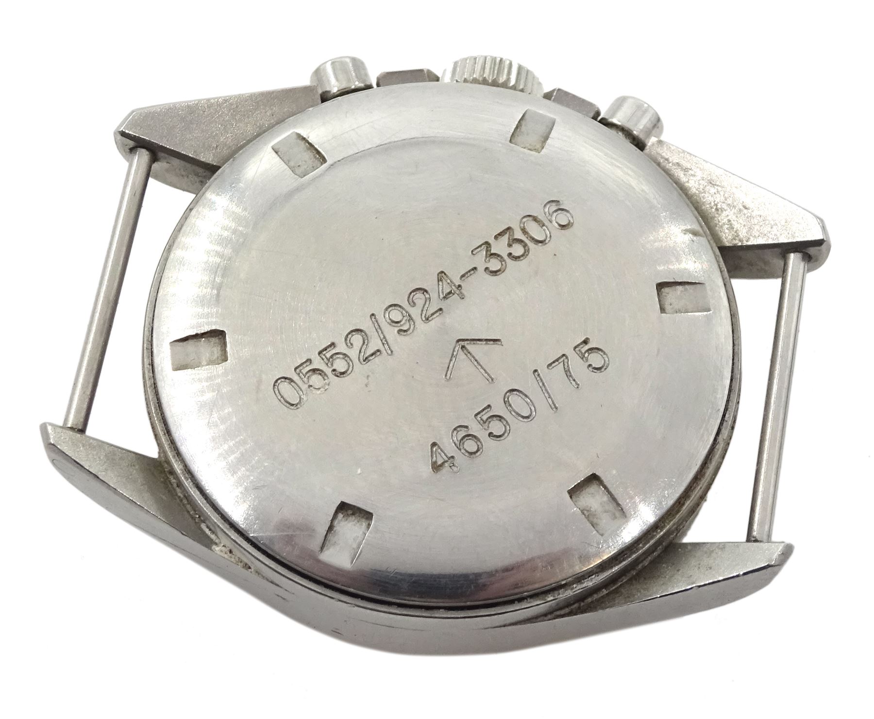 CWC British military Royal Navy 17 jewels chronograph wristwatch dated 1975, Valjoux cal. 7733, screw back case issue markings 0552/924-3306 ^ 4650/75, on original fabric strap