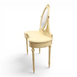 French Louis XV design cream painted dressing table and matching stool, kidney shaped top, with tilting oval mirror, carved uprights raised on fluted and turned supports 