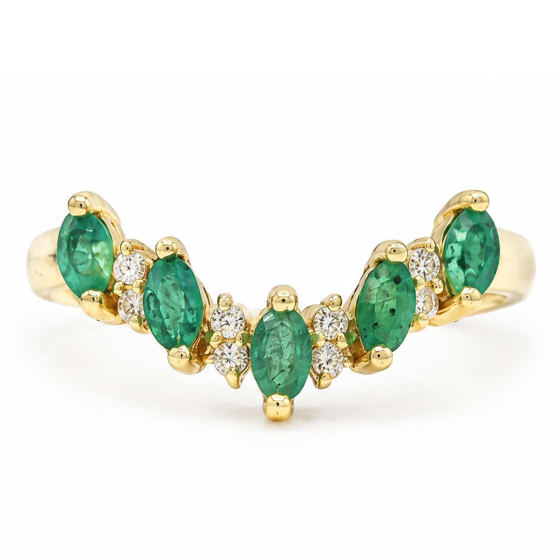 14ct gold emerald and diamond wishbone ring, five marquise cut emeralds, spaced by eight round cut diamond accents, stamped 585