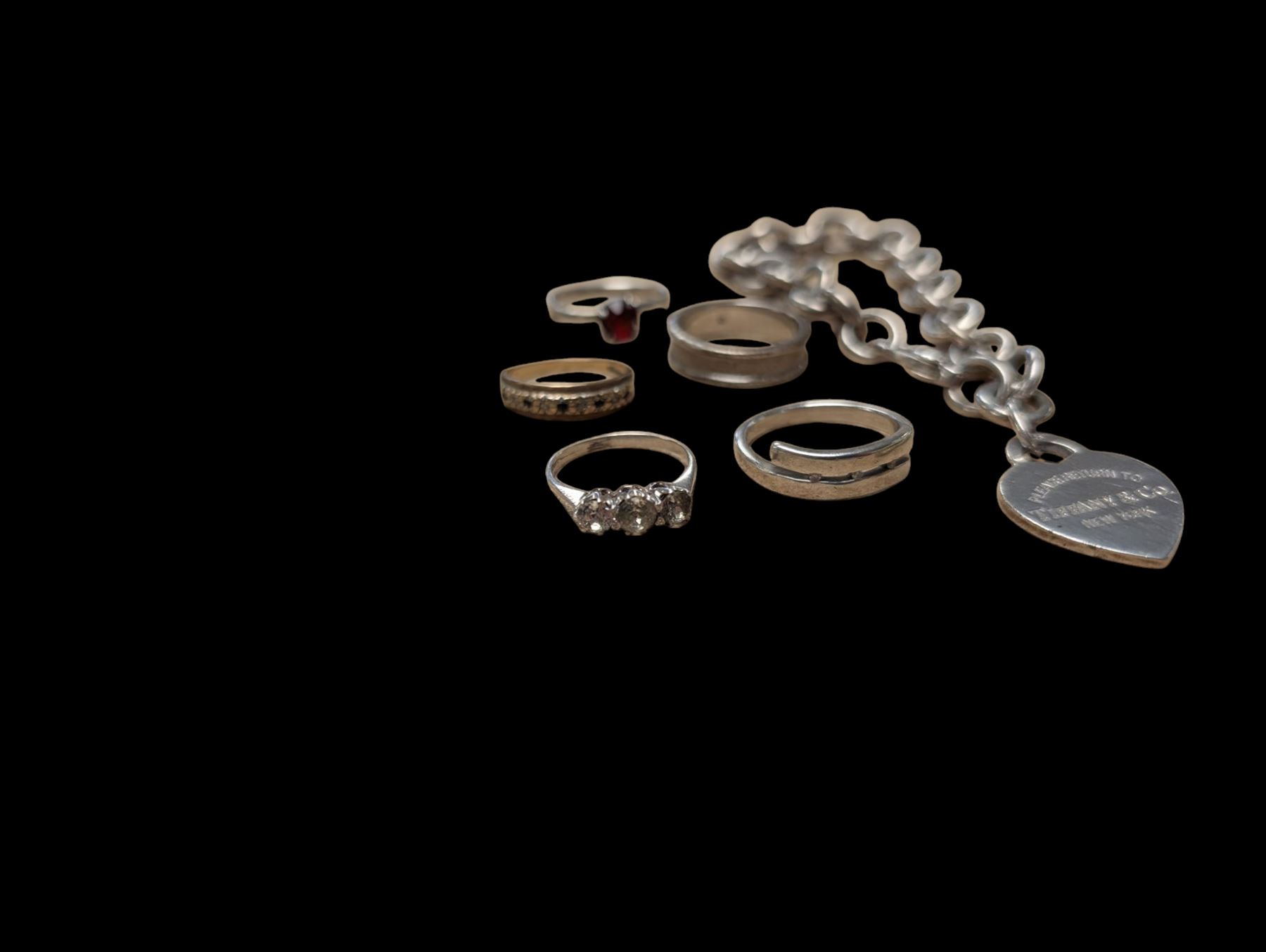 9ct gold stone set ring and silver jewellery including coin brooch, bracelet, three stone set rings and one other