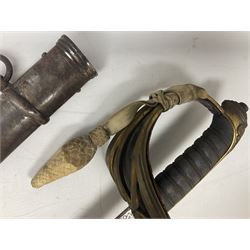 Victorian British Army officer's sword by Hobson & Sons Little Windmill Street London, the 82cm fullered steel blade etched with crowned Victoria cypher and 'HM 1st West York R.V.', lined gilded brass three-bar hilt incorporating Victoria cypher and wire-bound fish skin grip with plaited knot; in steel scabbard with two hanging rings L99cm overall