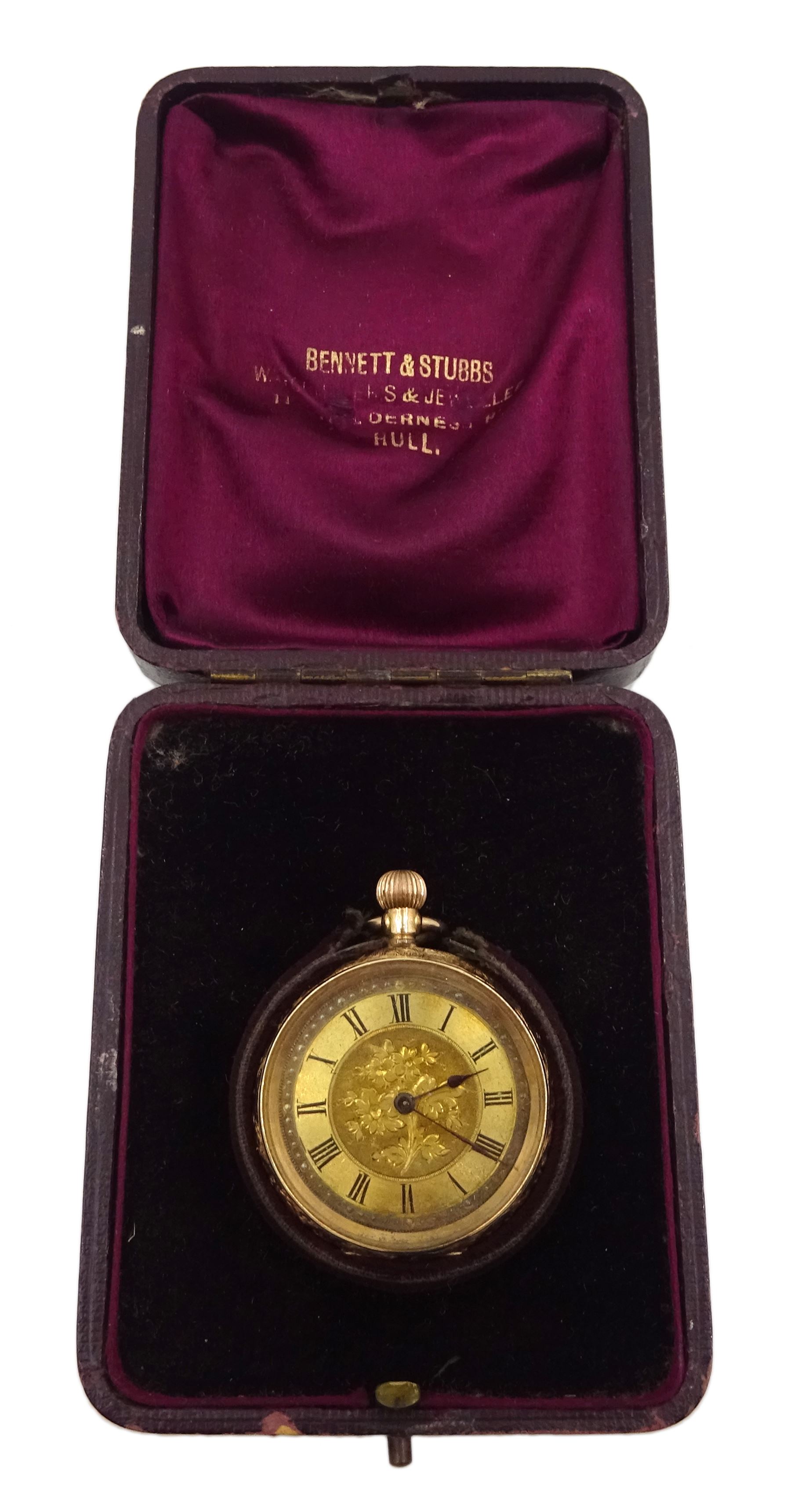 Early 20th century 14ct gold open face ladies keyless cylinder fob watch stamped 14K, No. 7898, gilt dial with Roman numerals, back case with engraved and engine turned decoration and central cartouche, in velvet and silk lined case