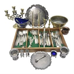 Silver thimble, silver plated sugar basket with blue glass line, together with other silver plate, to include cruet set and flatware, etc  