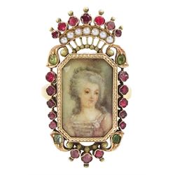 19th century 18ct gold portrait ring, set with an octagonal miniature of a woman wearing a...