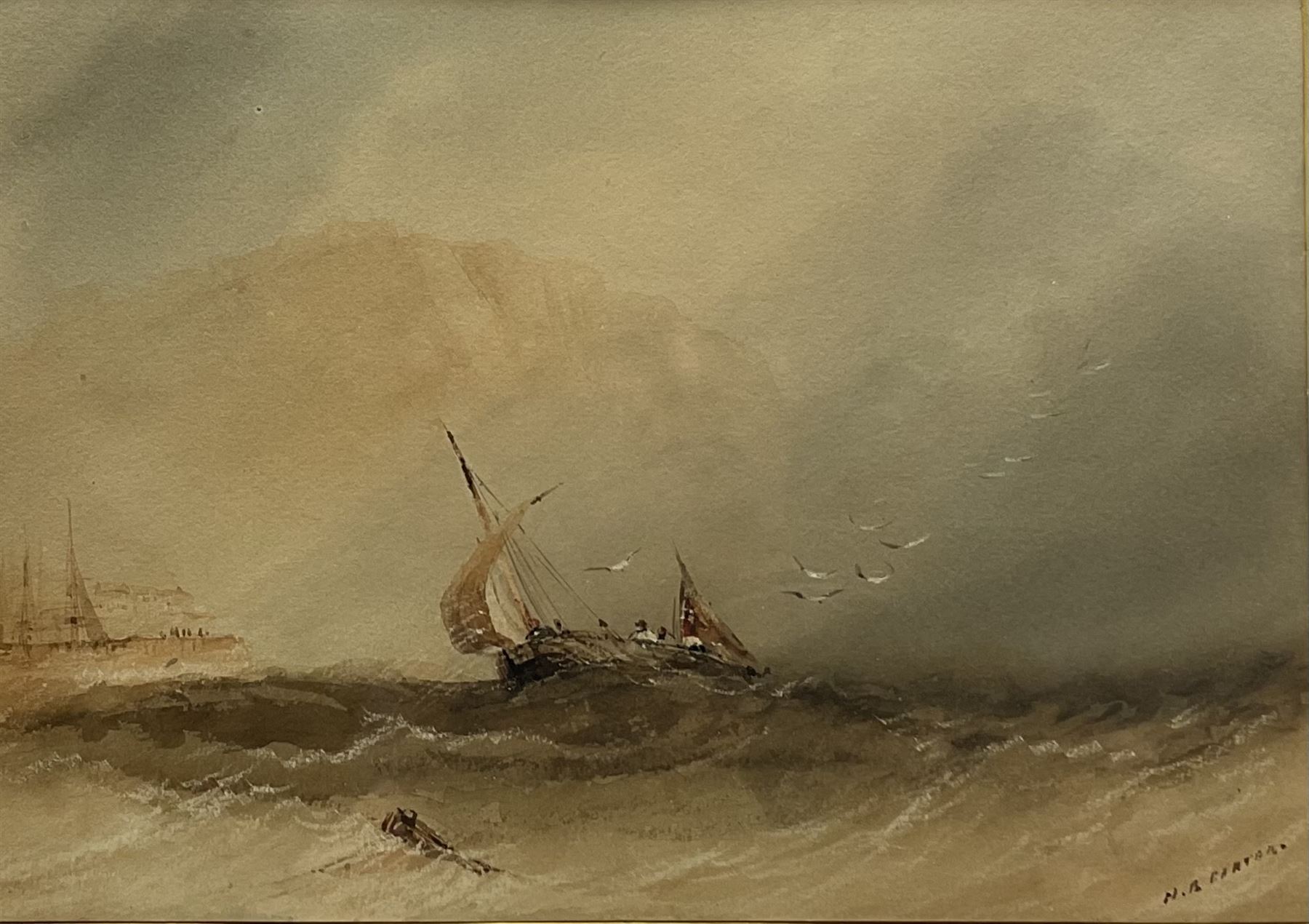 Henry Barlow Carter (British 1804-1868): Fisher Smack off the Castle Rock Scarborough, watercolour signed 17cm x 24cm 
Provenance: part of a large North Yorkshire single owner life time collection of H B & J N Carter watercolours