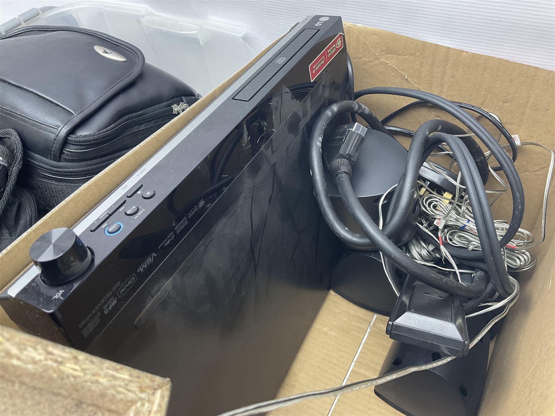 Singer 66 sewing machine in wooden case, together with an LG DVD player with speakers, two portable DVD players, etc 