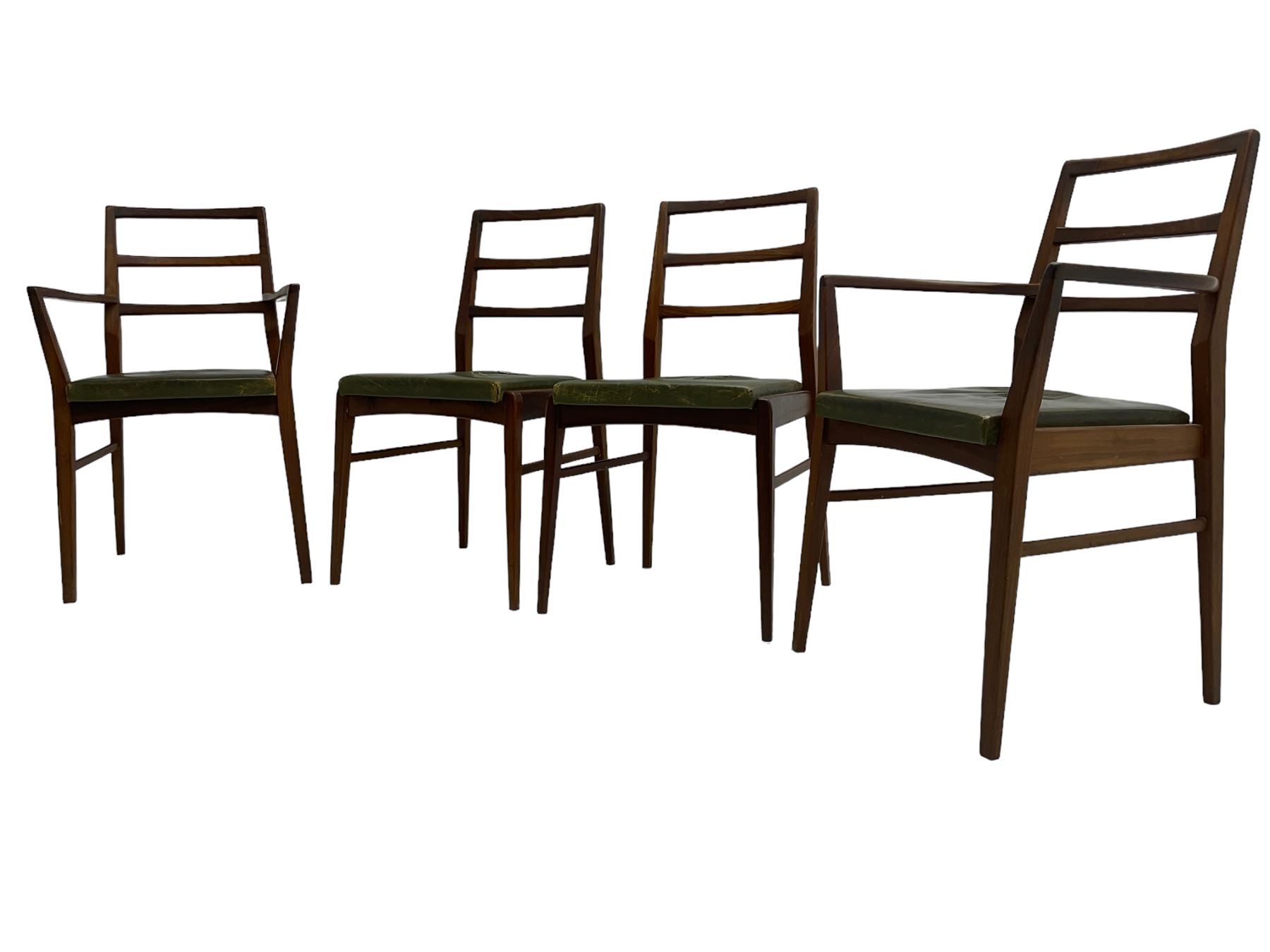 Richard Hornby for Fyne Ladye - set of six (4+2) mid-20th century dining chairs, ladder back over green faux leather upholstered drop-in seat, on tapering supports