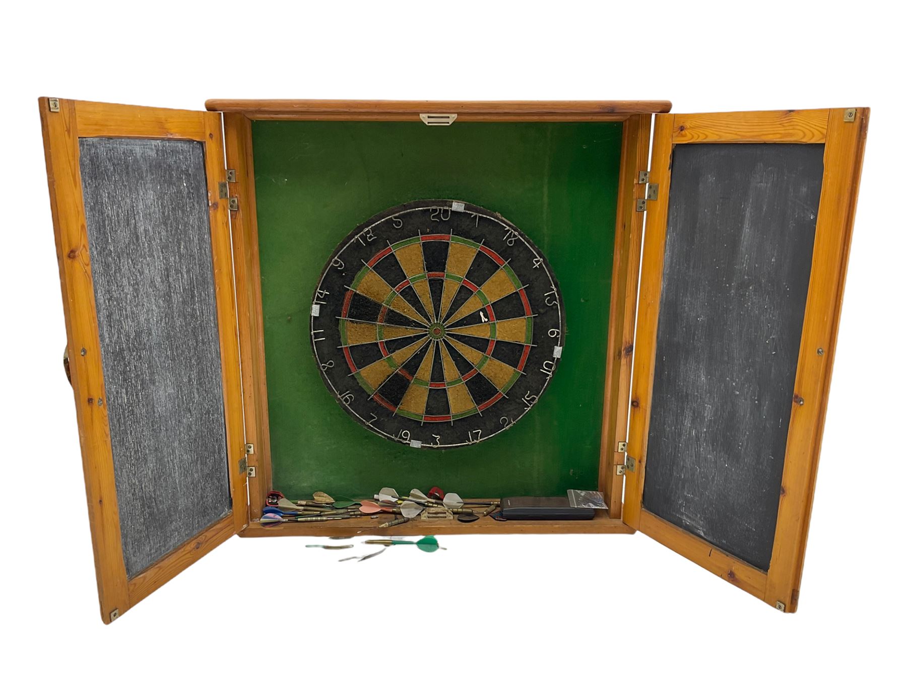 Dart board in wooden cabinet