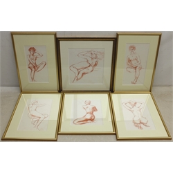  Peter Collins (British 1923-2001): Female Nude Studies, six sanguine sketches unsigned, max 23cm x 21cm  Provenance: from the artist's studio sale, Reeman Dansie 2017, then with Sulis Fine Art  