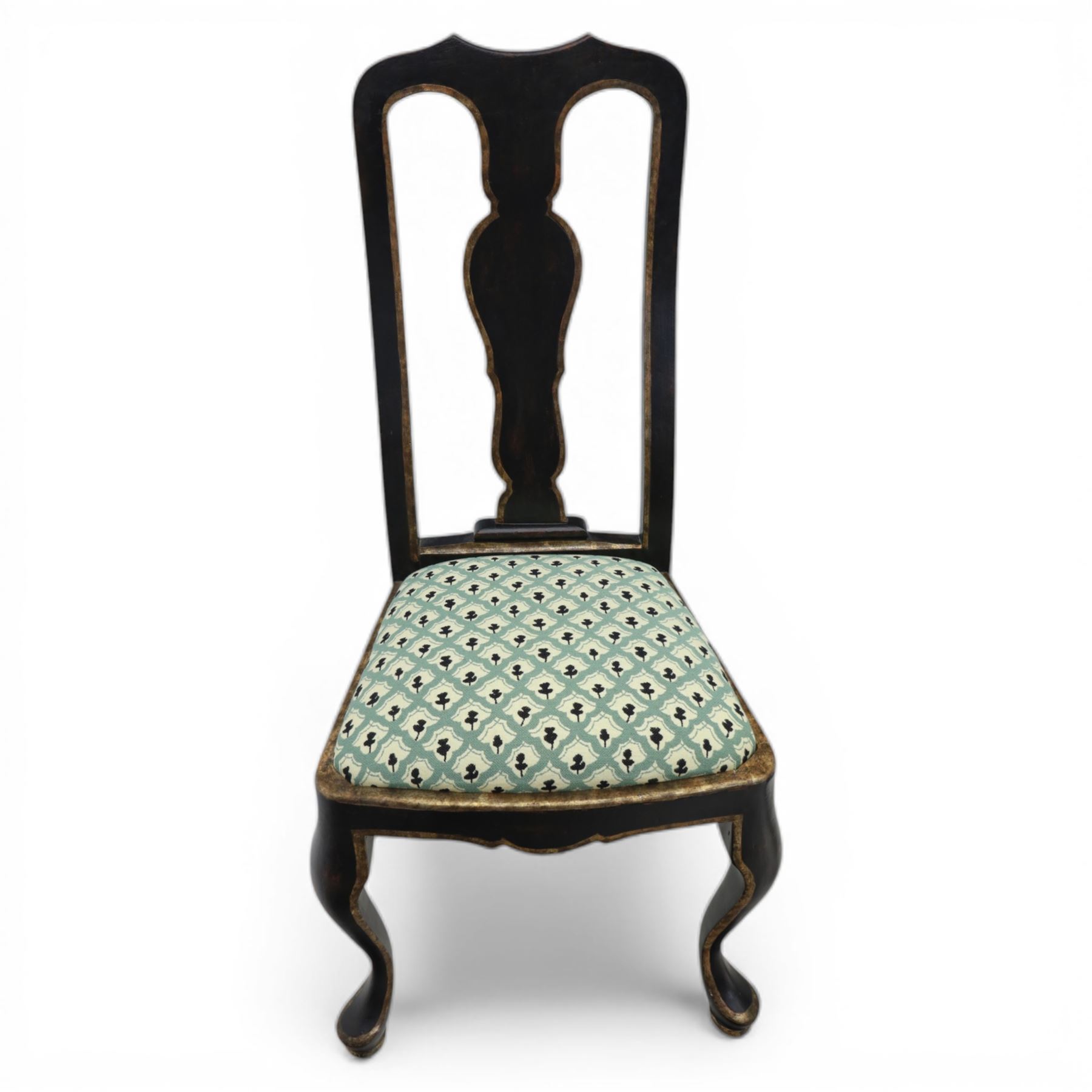 Pair of ebonised and parcel-gilt Queen Anne design side chairs
