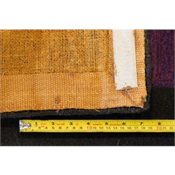 Contemporary wool runner rug, the field in a vibrant vibrant sunset-to-purple gradient with a wide dark indigo guard band