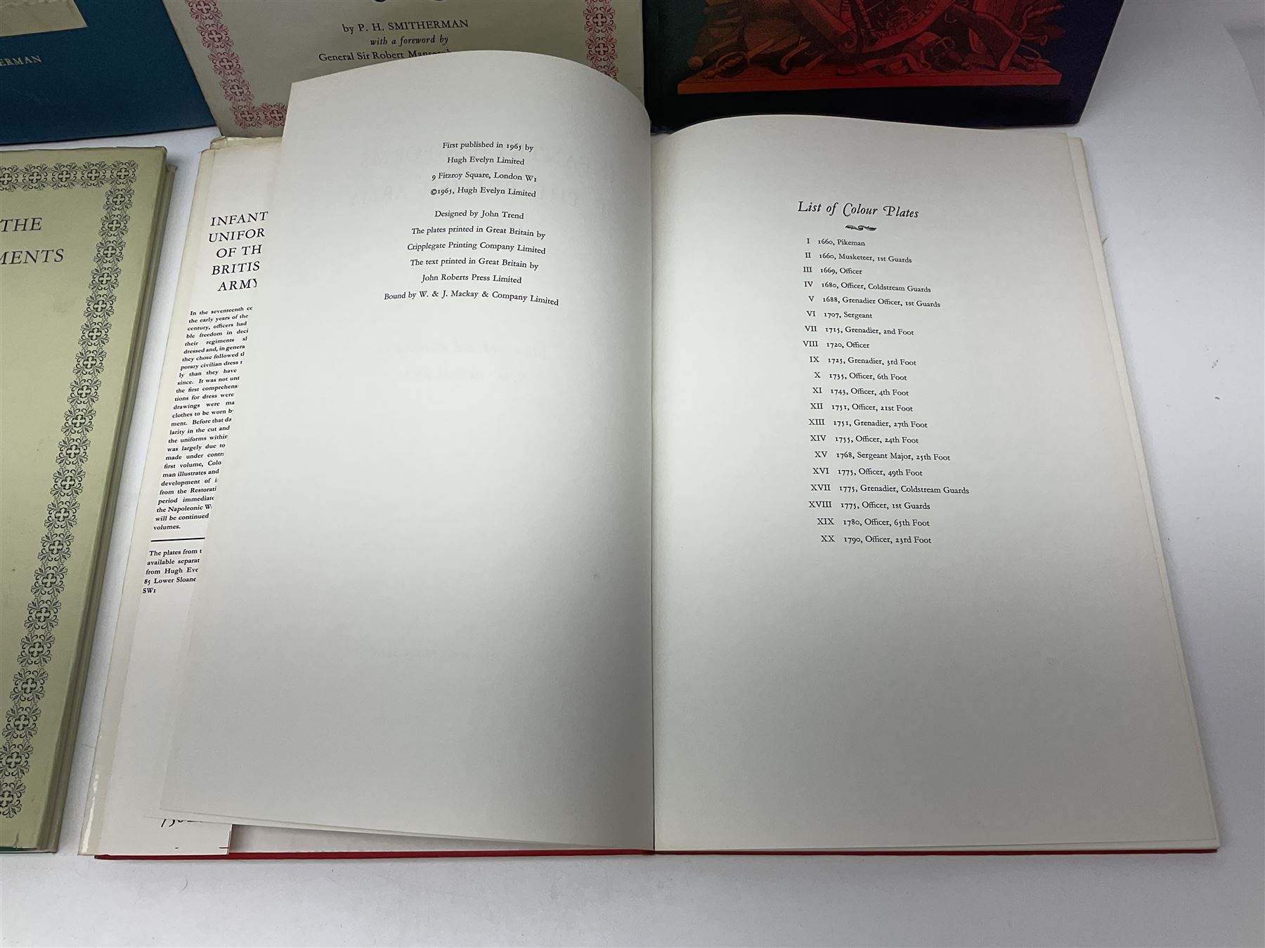 Set of six 1960s books on British Uniforms published by Hugh Evelyn London comprising Cavalry Uniforms of the British Army, Uniforms of the Royal Artillery, Uniforms of the Scottish Regiments, Uniforms of the Yeomanry Regiments and Infantry Uniforms of the British Army Series 1 & 2; all with dustjackets