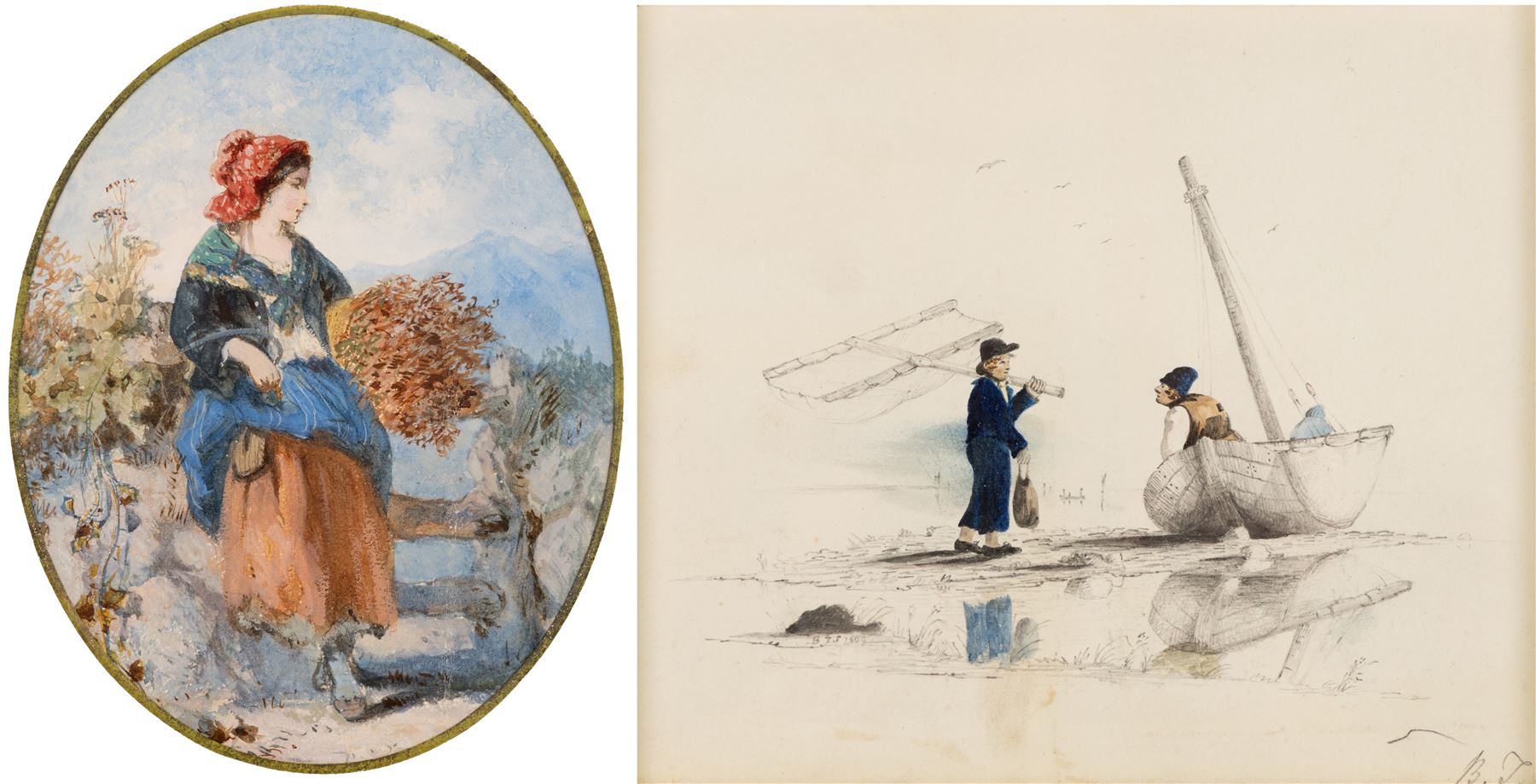 Manner of Henry Edrington Hobson (British 1820-1881): Woman Gathering Kindling, gouache unsigned; together with Dutch School (19th/20th century): Fishermen Conversing, mixed media signed B T max 19.5cm x 15.5cm (2)
