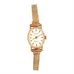 9ct gold ladies Avia quartz wristwatch on 9ct gold bracelet strap, hallmarked